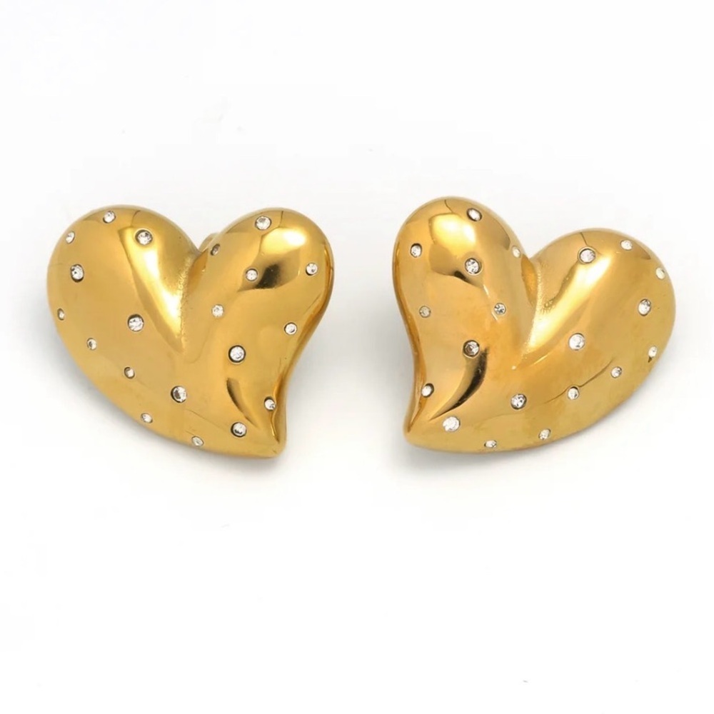 Gold Puffy Large CZ Heart Earrings (7025)